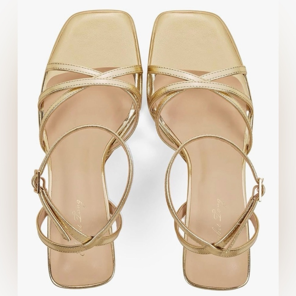 NEW Elisabet Tang Gold Strappy Heel Sandals Size 8 Square Toe 3” Heel - Picture 2 of 4